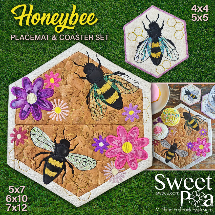 Honeybee Placemat & Coaster Set - Sweet Pea Australia In the hoop machine embroidery designs. in the hoop project, in the hoop embroidery designs, craft in the hoop project, diy in the hoop project, diy craft in the hoop project, in the hoop embroidery patterns, design in the hoop patterns, embroidery designs for in the hoop embroidery projects, best in the hoop machine embroidery designs perfect for all hoops and embroidery machines