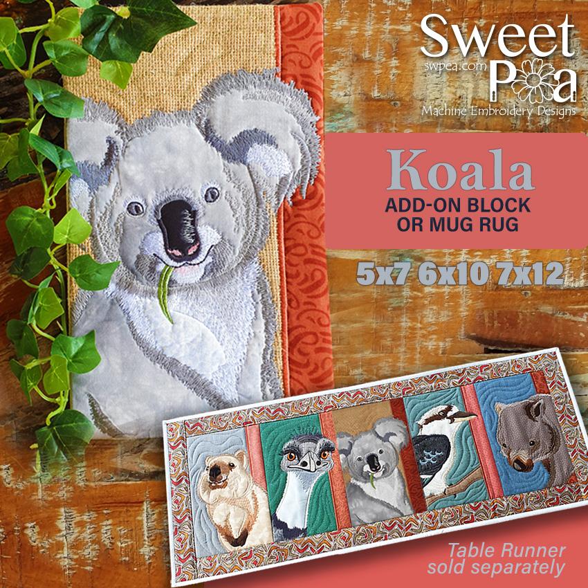 Koala Add-on Block or Mug Rug 5x7 6x10 7x12 - Sweet Pea Australia In the hoop machine embroidery designs. in the hoop project, in the hoop embroidery designs, craft in the hoop project, diy in the hoop project, diy craft in the hoop project, in the hoop embroidery patterns, design in the hoop patterns, embroidery designs for in the hoop embroidery projects, best in the hoop machine embroidery designs perfect for all hoops and embroidery machines