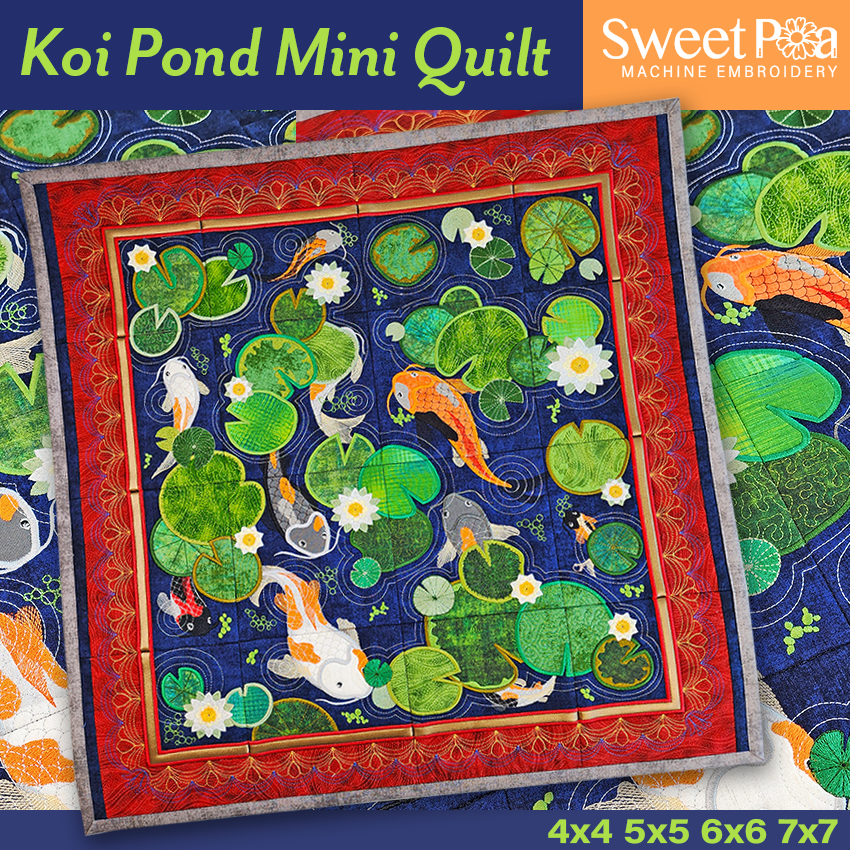 Koi Pond Mini Quilt 4x4 5x5 6x6 7x7 In the hoop machine embroidery designs