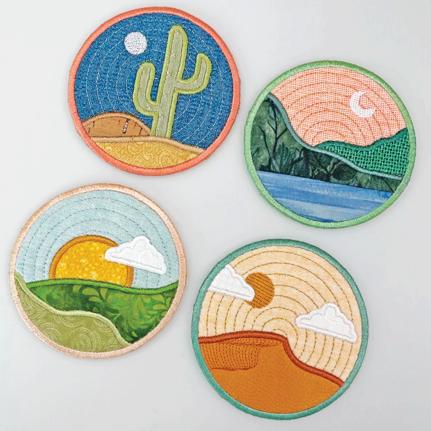 Landscape Coasters 4x4 5x5 6x6 - Sweet Pea Australia In the hoop machine embroidery designs. in the hoop project, in the hoop embroidery designs, craft in the hoop project, diy in the hoop project, diy craft in the hoop project, in the hoop embroidery patterns, design in the hoop patterns, embroidery designs for in the hoop embroidery projects, best in the hoop machine embroidery designs perfect for all hoops and embroidery machines