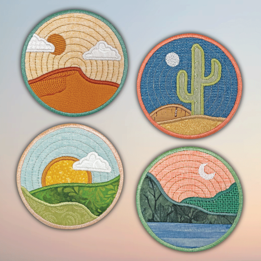 Landscape Coasters 4x4 5x5 6x6 - Sweet Pea Australia In the hoop machine embroidery designs. in the hoop project, in the hoop embroidery designs, craft in the hoop project, diy in the hoop project, diy craft in the hoop project, in the hoop embroidery patterns, design in the hoop patterns, embroidery designs for in the hoop embroidery projects, best in the hoop machine embroidery designs perfect for all hoops and embroidery machines