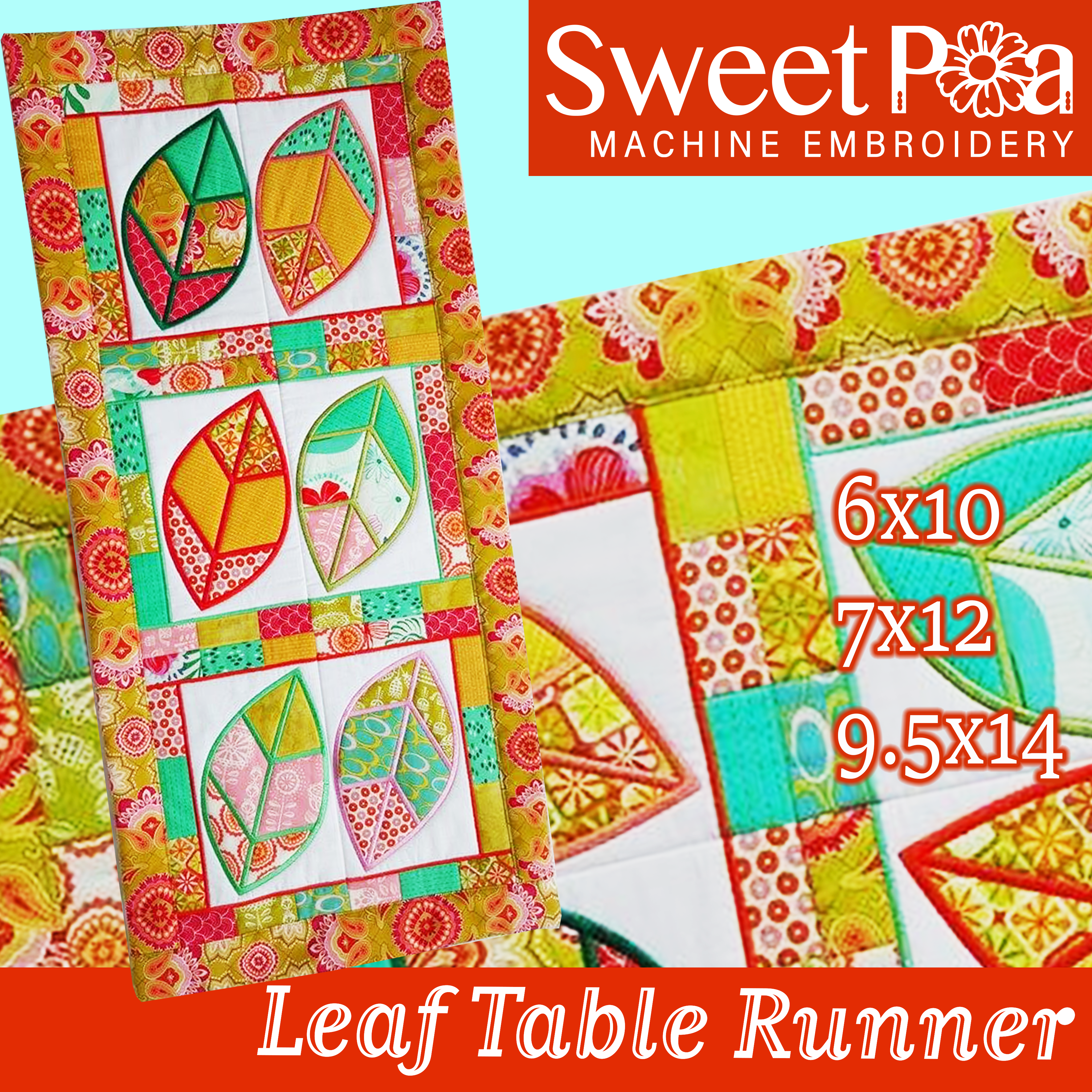 Leaf Quilt Block and Table Runner 6x10 7x12 9.5x14 In the hoop machine embroidery designs