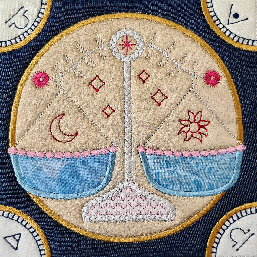 BOM Zodiac Quilt Block 7 - Libra - Sweet Pea Australia In the hoop machine embroidery designs. in the hoop project, in the hoop embroidery designs, craft in the hoop project, diy in the hoop project, diy craft in the hoop project, in the hoop embroidery patterns, design in the hoop patterns, embroidery designs for in the hoop embroidery projects, best in the hoop machine embroidery designs perfect for all hoops and embroidery machines