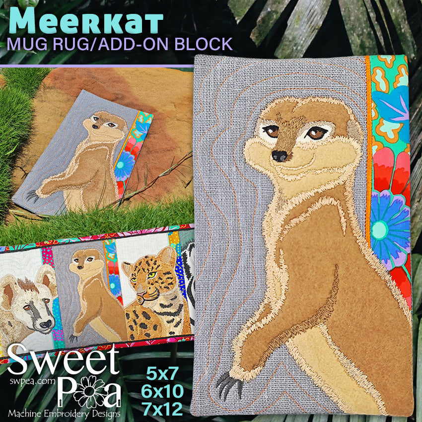 Meerkat Add-on Block or Mug Rug 5x7 6x10 and 7x12 - Sweet Pea Australia In the hoop machine embroidery designs. in the hoop project, in the hoop embroidery designs, craft in the hoop project, diy in the hoop project, diy craft in the hoop project, in the hoop embroidery patterns, design in the hoop patterns, embroidery designs for in the hoop embroidery projects, best in the hoop machine embroidery designs perfect for all hoops and embroidery machines