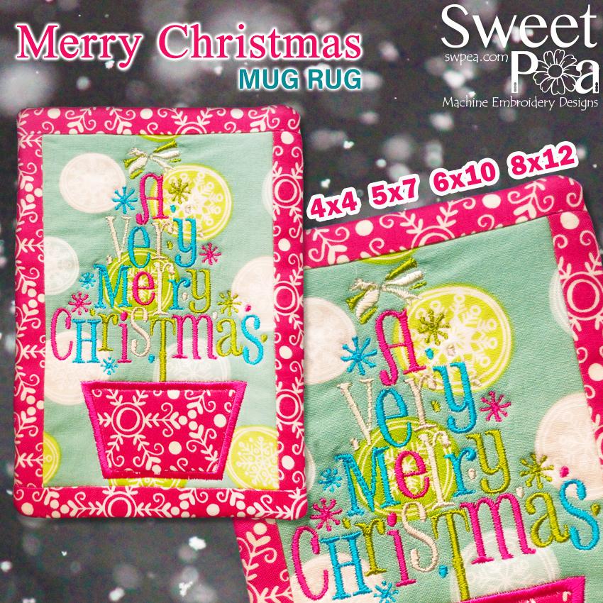 Merry Christmas Mugrug  4x4, 5x7, 6x10 and 8x12 - Sweet Pea Australia In the hoop machine embroidery designs. in the hoop project, in the hoop embroidery designs, craft in the hoop project, diy in the hoop project, diy craft in the hoop project, in the hoop embroidery patterns, design in the hoop patterns, embroidery designs for in the hoop embroidery projects, best in the hoop machine embroidery designs perfect for all hoops and embroidery machines