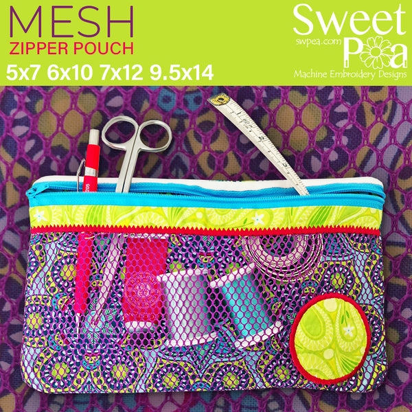 Mesh Zipper Pouch in the hoop machine embroidery design