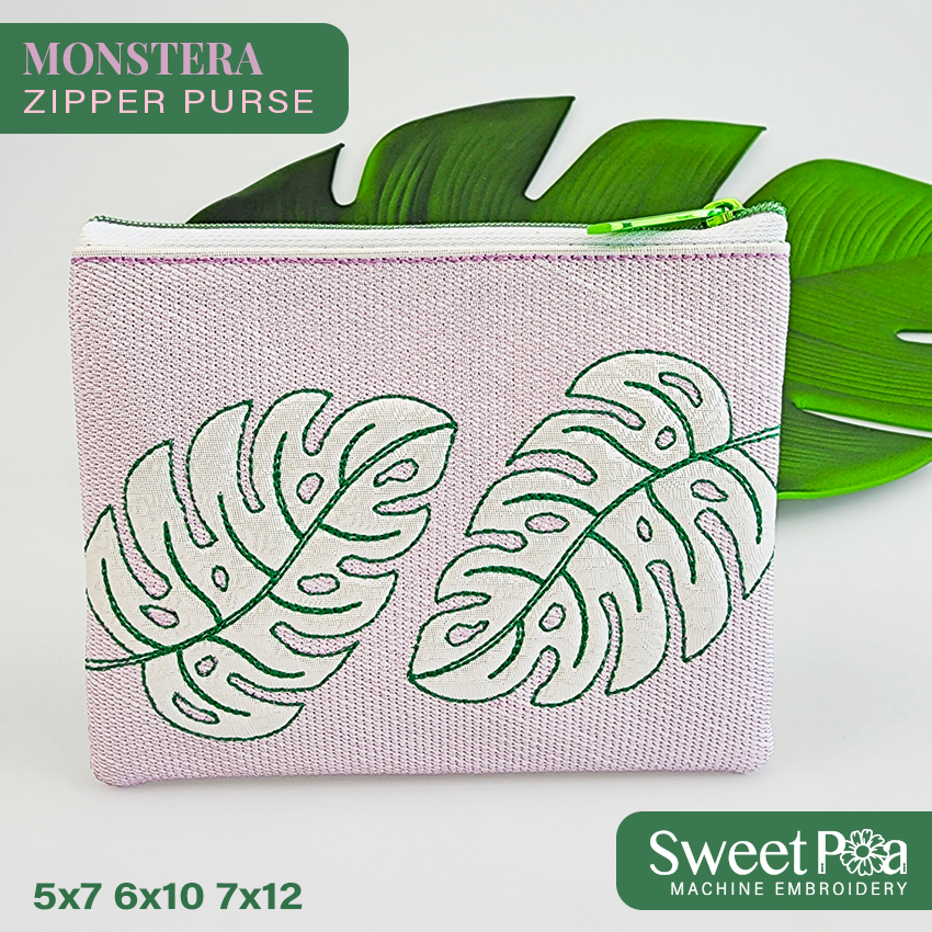 Monstera Zipper Purse 5x7 6x10 7x12 In the hoop machine embroidery designs