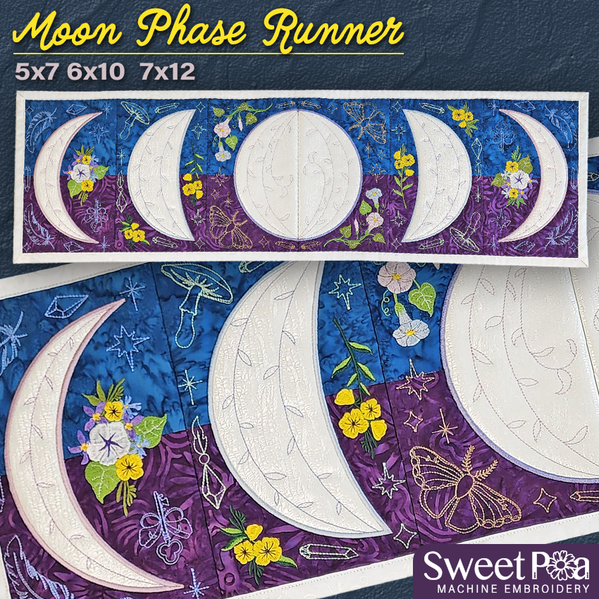 Moon Phase Runner 5x7 6x10 7x12 In the hoop machine embroidery designs