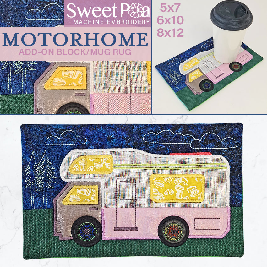 Motorhome Add-on Block or Mug Rug 5x7 6x10 8x12 - Sweet Pea Australia In the hoop machine embroidery designs. in the hoop project, in the hoop embroidery designs, craft in the hoop project, diy in the hoop project, diy craft in the hoop project, in the hoop embroidery patterns, design in the hoop patterns, embroidery designs for in the hoop embroidery projects, best in the hoop machine embroidery designs perfect for all hoops and embroidery machines