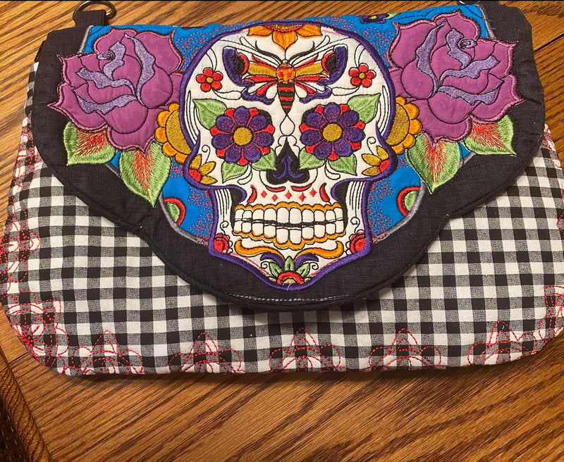 Sugar Skull Clutch with Zipper 5x7 6x10 7x12 9.5x14 - Sweet Pea In The Hoop Machine Embroidery Design