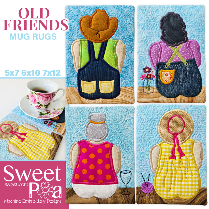 Old Friends Mug Rug Set 5x7 6x10 7x12 - Sweet Pea Australia In the hoop machine embroidery designs. in the hoop project, in the hoop embroidery designs, craft in the hoop project, diy in the hoop project, diy craft in the hoop project, in the hoop embroidery patterns, design in the hoop patterns, embroidery designs for in the hoop embroidery projects, best in the hoop machine embroidery designs perfect for all hoops and embroidery machines