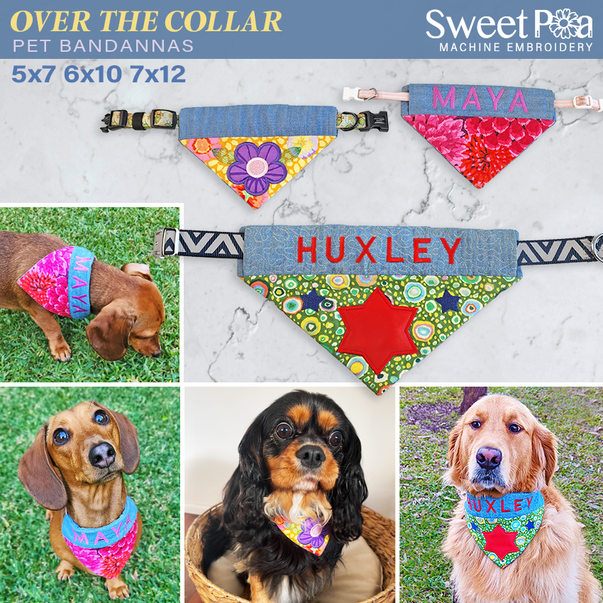 Over the Collar Pet Bandanas 5x7 6x10 7x12 In the hoop machine embroidery designs