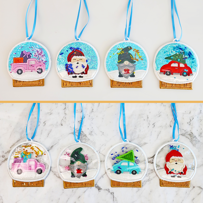 Snow Globe Ornaments Set Two 4x4 In the hoop machine embroidery designs