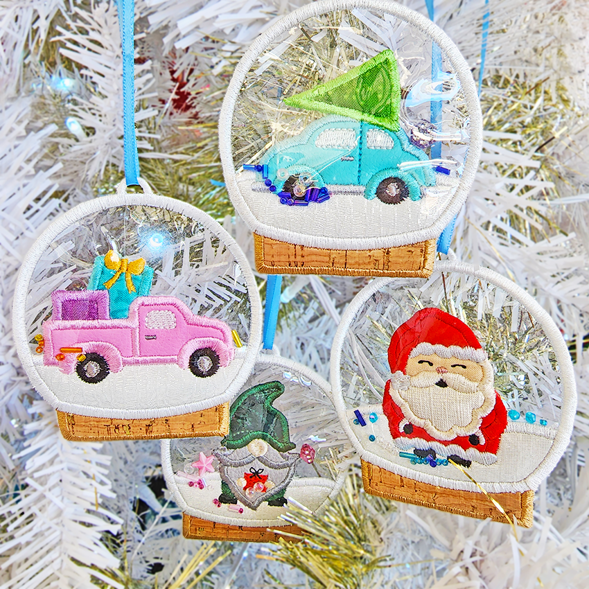 Snow Globe Ornaments Set Two 4x4 In the hoop machine embroidery designs