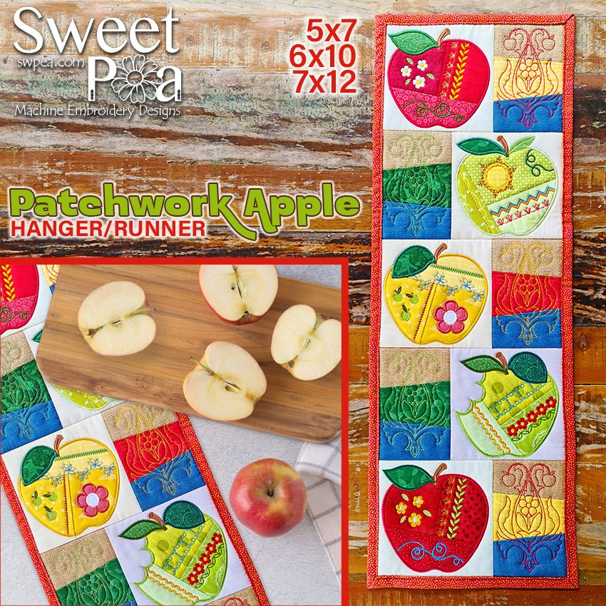 Patchwork Apple Hanger or Runner 5x7 6x10 7x12 - Sweet Pea Australia In the hoop machine embroidery designs. in the hoop project, in the hoop embroidery designs, craft in the hoop project, diy in the hoop project, diy craft in the hoop project, in the hoop embroidery patterns, design in the hoop patterns, embroidery designs for in the hoop embroidery projects, best in the hoop machine embroidery designs perfect for all hoops and embroidery machines