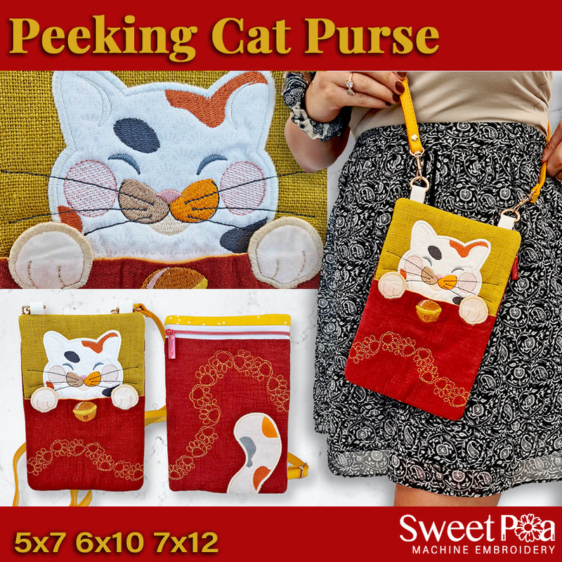 Peeking Cat Purse 5x7 6x10 7x12 - Sweet Pea In The Hoop Machine Embroidery Design