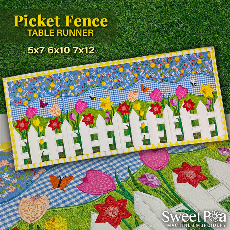 Picket Fence Table Runner 5x7 6x10 7x12 - Sweet Pea In The Hoop Machine Embroidery Design