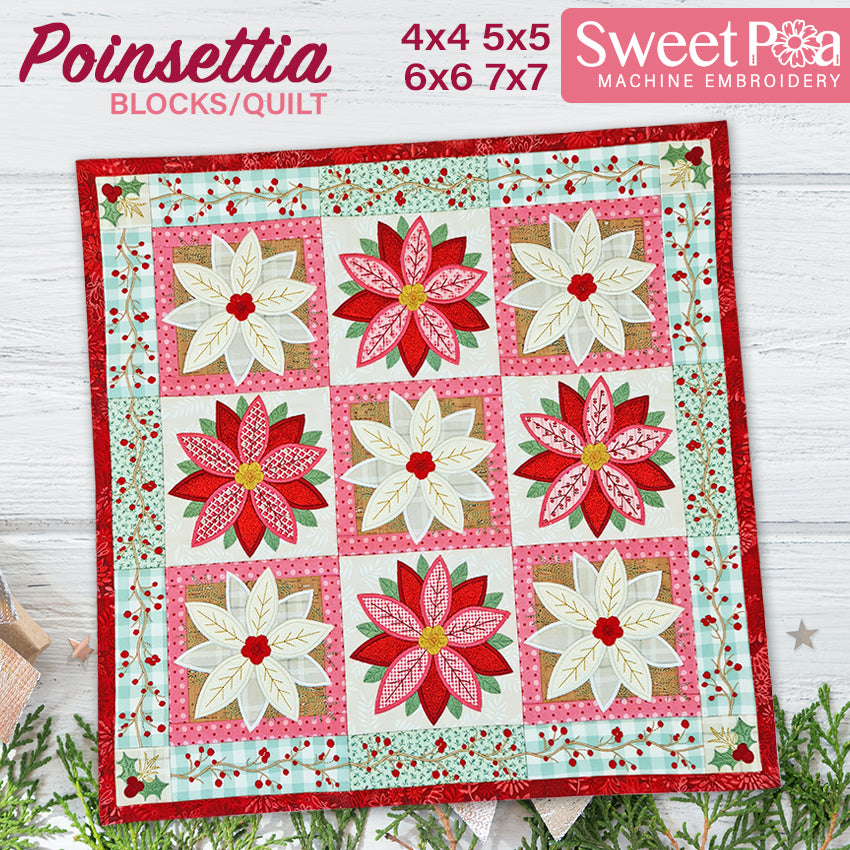 Poinsettia Blocks/Quilt 4x4 5x5 6x6 7x7 - Sweet Pea Australia In the hoop machine embroidery designs. in the hoop project, in the hoop embroidery designs, craft in the hoop project, diy in the hoop project, diy craft in the hoop project, in the hoop embroidery patterns, design in the hoop patterns, embroidery designs for in the hoop embroidery projects, best in the hoop machine embroidery designs perfect for all hoops and embroidery machines