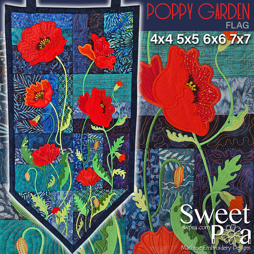 Poppy Garden Flag 4x4 5x5 6x6 7x7 - Sweet Pea Australia In the hoop machine embroidery designs. in the hoop project, in the hoop embroidery designs, craft in the hoop project, diy in the hoop project, diy craft in the hoop project, in the hoop embroidery patterns, design in the hoop patterns, embroidery designs for in the hoop embroidery projects, best in the hoop machine embroidery designs perfect for all hoops and embroidery machines