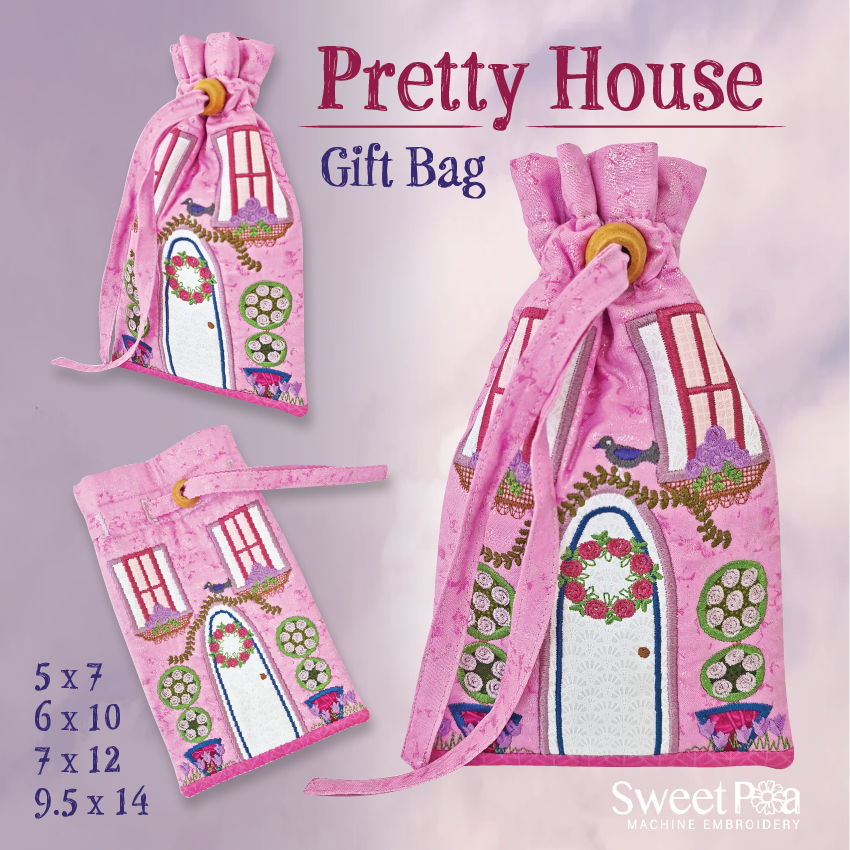 Pretty House Gift Bag 5x7 6x10 7x12 9.5x14 - Sweet Pea Australia In the hoop machine embroidery designs. in the hoop project, in the hoop embroidery designs, craft in the hoop project, diy in the hoop project, diy craft in the hoop project, in the hoop embroidery patterns, design in the hoop patterns, embroidery designs for in the hoop embroidery projects, best in the hoop machine embroidery designs perfect for all hoops and embroidery machines