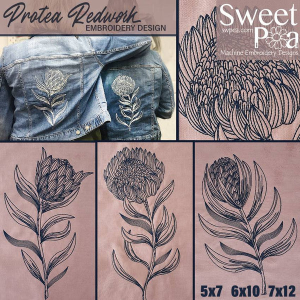 Protea Redwork Embroidery Design 5x7 6x10 and 7x12 - Sweet Pea