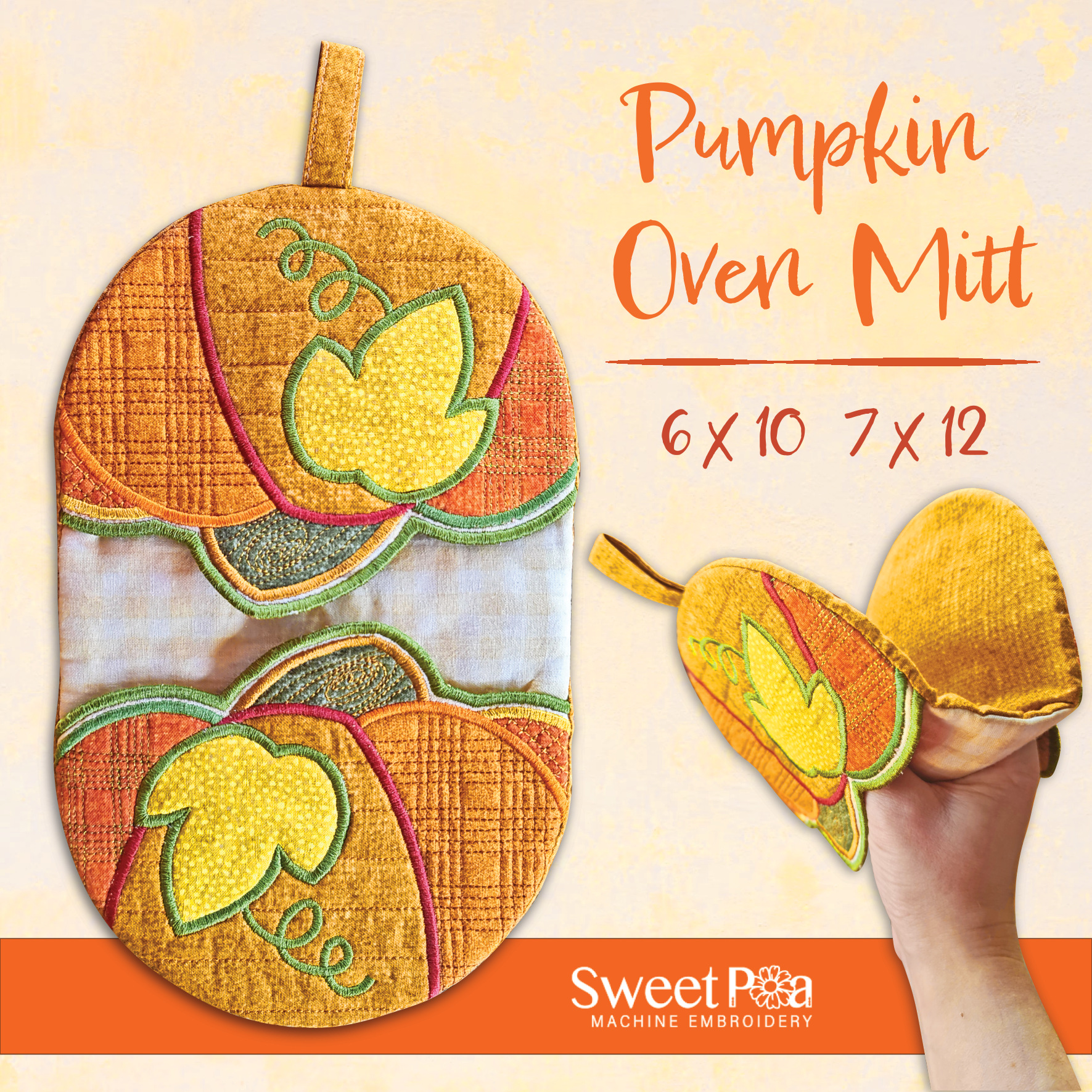 Pumpkin Oven Mitt 6x10 7x12 In the hoop machine embroidery designs