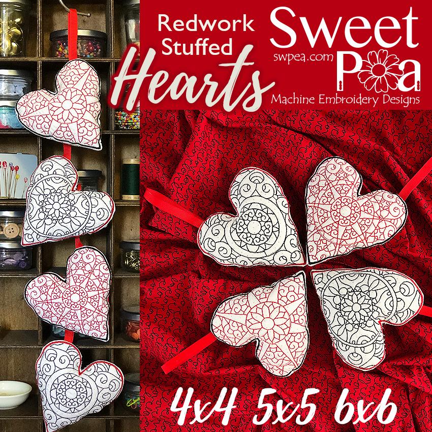 Redwork Embroidery Designs - Beautiful Hearts Stuffed