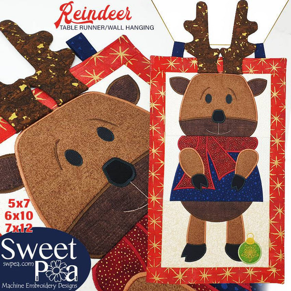 Reindeer Table Runner or Wall Hanging 5x7 6x10 7x12 - Sweet Pea