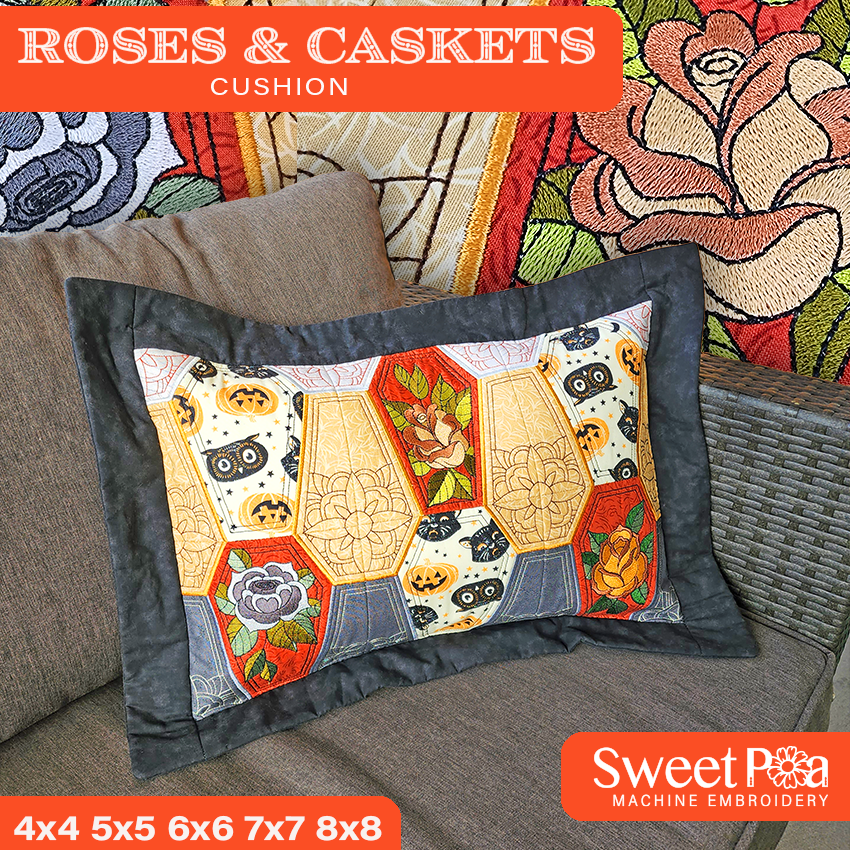 Roses & Caskets Cushion 4x4 5x5 6x6 7x7 8x8 In the hoop machine embroidery designs