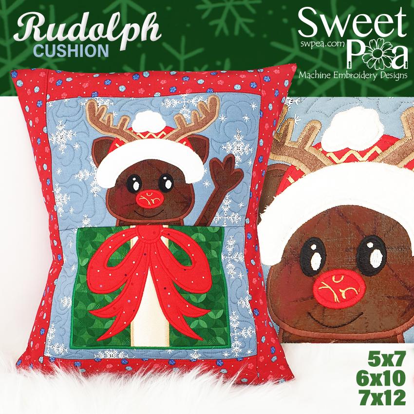 Rudolph Christmas Cushion 5x7 6x10 7x12 - Sweet Pea Australia In the hoop machine embroidery designs. in the hoop project, in the hoop embroidery designs, craft in the hoop project, diy in the hoop project, diy craft in the hoop project, in the hoop embroidery patterns, design in the hoop patterns, embroidery designs for in the hoop embroidery projects, best in the hoop machine embroidery designs perfect for all hoops and embroidery machines