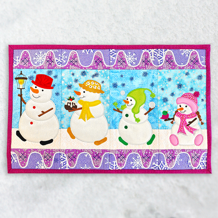 Snowman Family Outing Table Runner 5x7 6x10 7x12 - Sweet Pea In The Hoop Machine Embroidery Design hoop machine embroidery designs, embroidery patterns, embroidery set, embroidery appliqué, hoop embroidery designs, small hoop designs, the best in the hoop machine embroidery designs, the best in the hoop sewing and embroidery designs