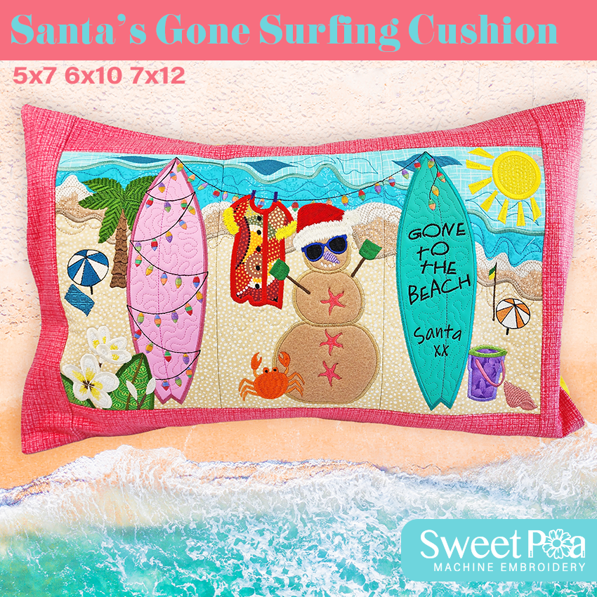 Santa's Gone Surfing Cushion 5x7 6x10 7x12 In the hoop machine embroidery designs