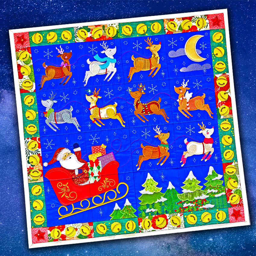 Santa's Sleigh Quilt 4x4 5x5 6x6 7x7 8x8 In the hoop machine embroidery designs