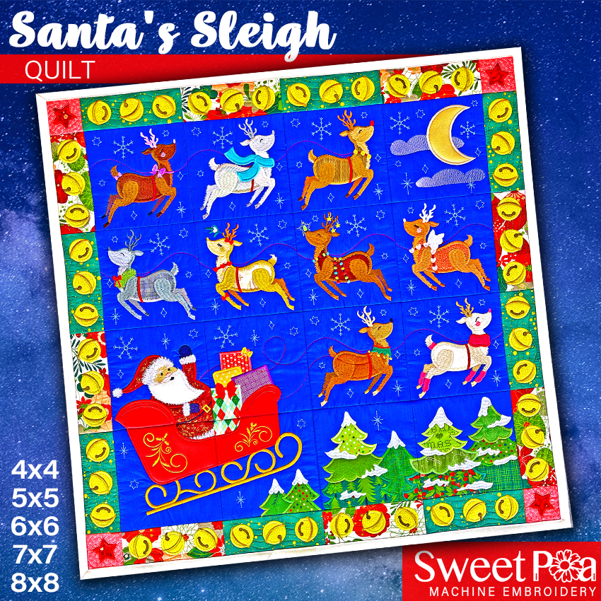 Santa's Sleigh Quilt 4x4 5x5 6x6 7x7 8x8 In the hoop machine embroidery designs