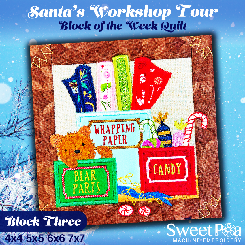 BOW Santa's Workshop Tour Quilt - Block 3 In the hoop machine embroidery designs