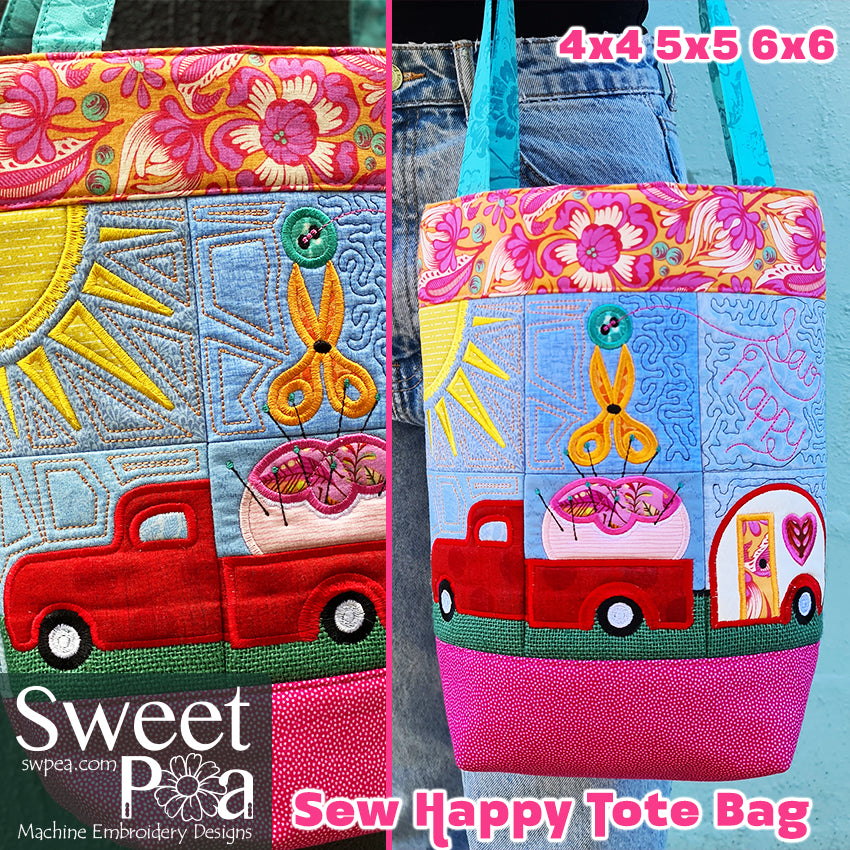 Sew Happy Tote Bag 4x4 5x5 6x6 - Sweet Pea Australia In the hoop machine embroidery designs. in the hoop project, in the hoop embroidery designs, craft in the hoop project, diy in the hoop project, diy craft in the hoop project, in the hoop embroidery patterns, design in the hoop patterns, embroidery designs for in the hoop embroidery projects, best in the hoop machine embroidery designs perfect for all hoops and embroidery machines