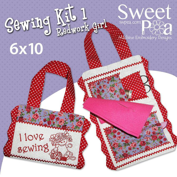 Sewing Kit 1 with Redwork Girl 6x10 - Sweet Pea