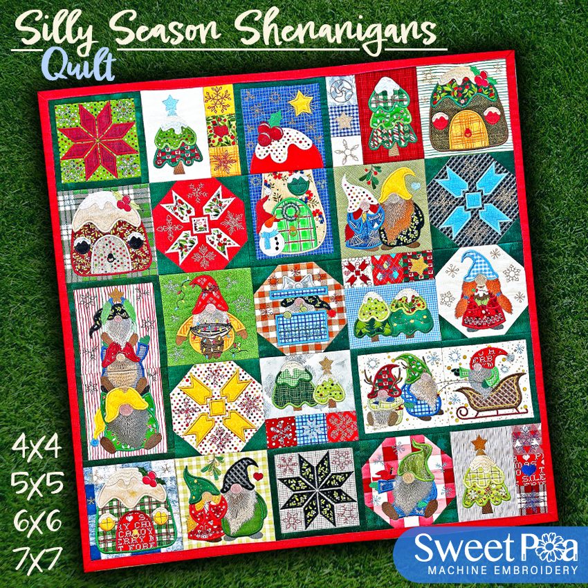 Silly Season Shenanigans Quilt 4x4 5x5 6x6 7x7 In the hoop machine embroidery designs