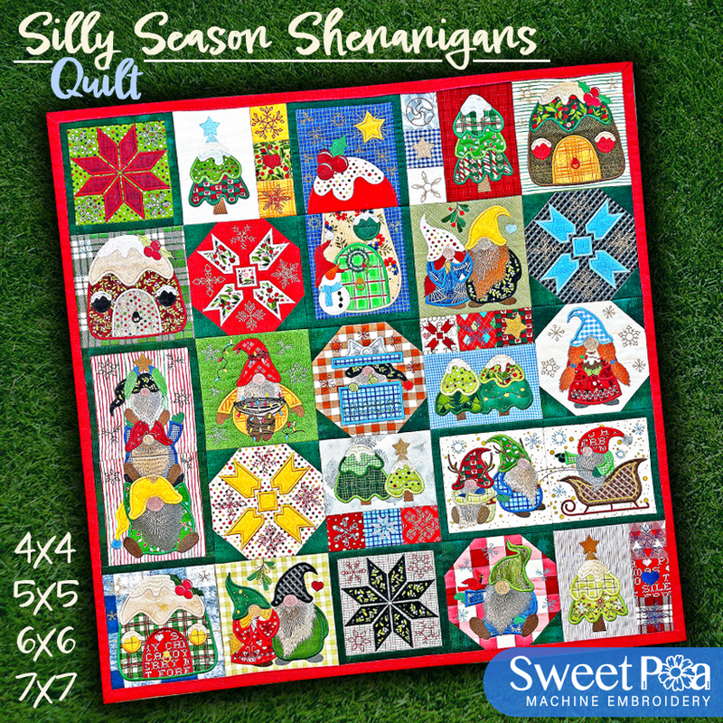 Silly Season Shenanigans Quilt 4x4 5x5 6x6 7x7 - Sweet Pea In The Hoop Machine Embroidery Design hoop machine embroidery designs, embroidery patterns, embroidery set, embroidery appliqué, hoop embroidery designs, small hoop designs, the best in the hoop machine embroidery designs, the best in the hoop sewing and embroidery designs