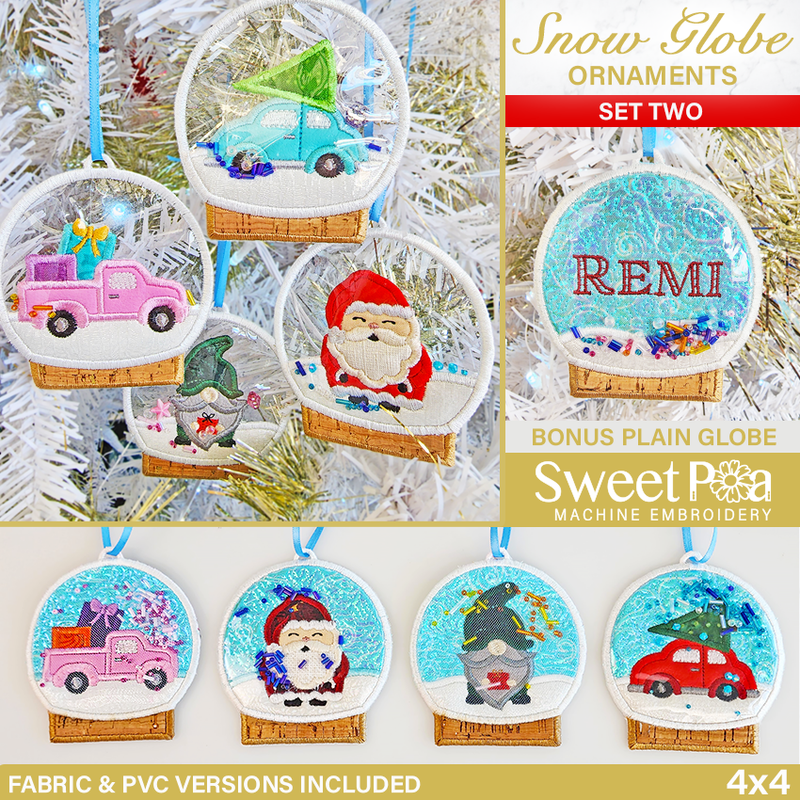 Snow Globe Ornaments Set Two 4x4 - Sweet Pea In The Hoop Machine Embroidery Design hoop machine embroidery designs, embroidery patterns, embroidery set, embroidery appliqué, hoop embroidery designs, small hoop designs, the best in the hoop machine embroidery designs, the best in the hoop sewing and embroidery designs