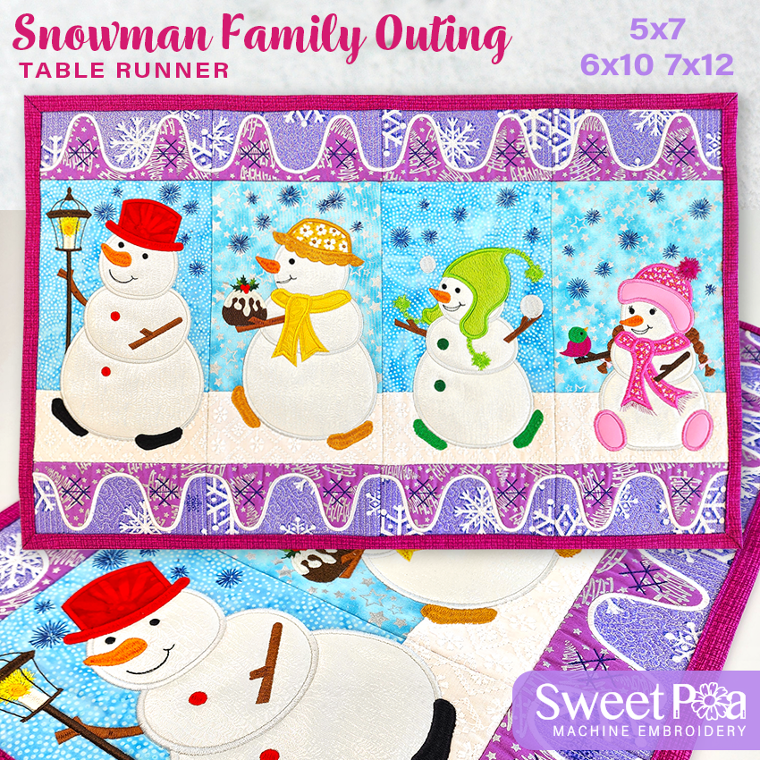 Snowman Family Outing Table Runner 5x7 6x10 7x12 In the hoop machine embroidery designs