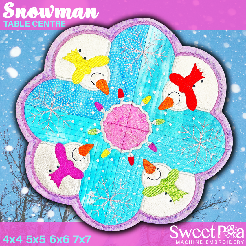 Snowman Table Centre 4x4 5x5 6x6 7x7 In the hoop machine embroidery designs