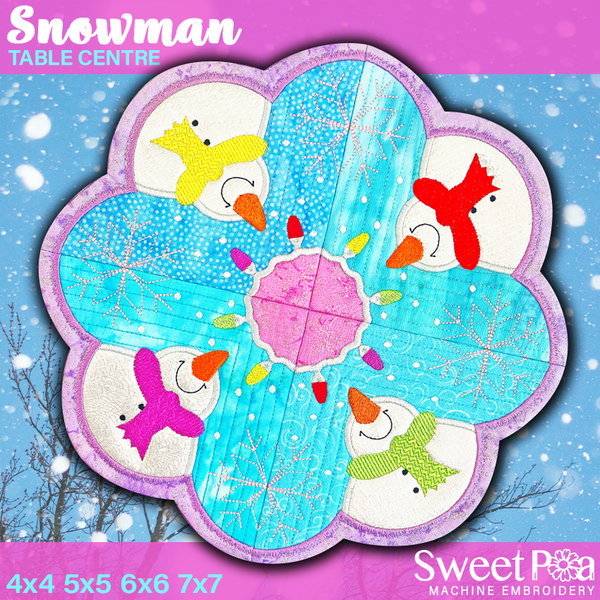 Snowman Table Centre 4x4 5x5 6x6 7x7 - Sweet Pea In The Hoop Machine Embroidery Design hoop machine embroidery designs, embroidery patterns, embroidery set, embroidery appliqué, hoop embroidery designs, small hoop designs, the best in the hoop machine embroidery designs, the best in the hoop sewing and embroidery designs