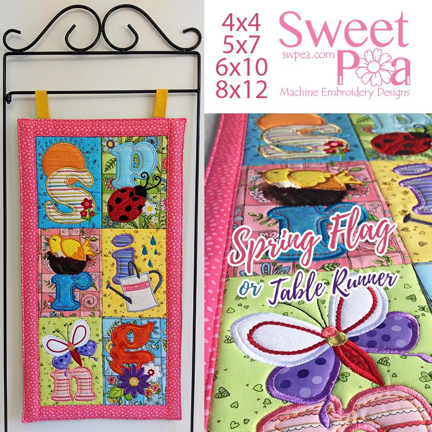 Spring Flag or Table Runner 4x4  5x7 6x10 8x12 - Sweet Pea Australia In the hoop machine embroidery designs. in the hoop project, in the hoop embroidery designs, craft in the hoop project, diy in the hoop project, diy craft in the hoop project, in the hoop embroidery patterns, design in the hoop patterns, embroidery designs for in the hoop embroidery projects, best in the hoop machine embroidery designs perfect for all hoops and embroidery machines