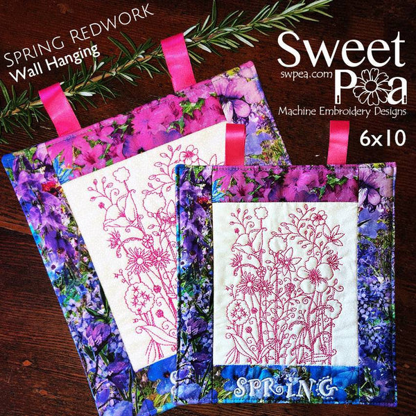Spring Flower Redwork Wall Hanging with Border Design for the 6x10 - Sweet Pea