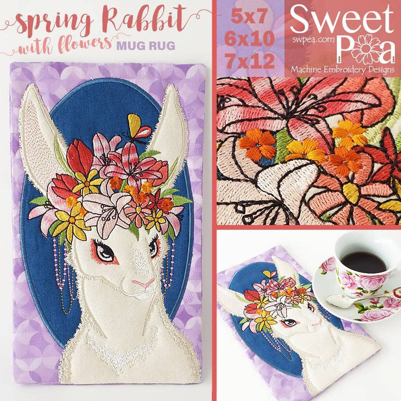 Spring Rabbit and Flowers Mug Rug 5x7 6x10 and 7x12 - Sweet Pea