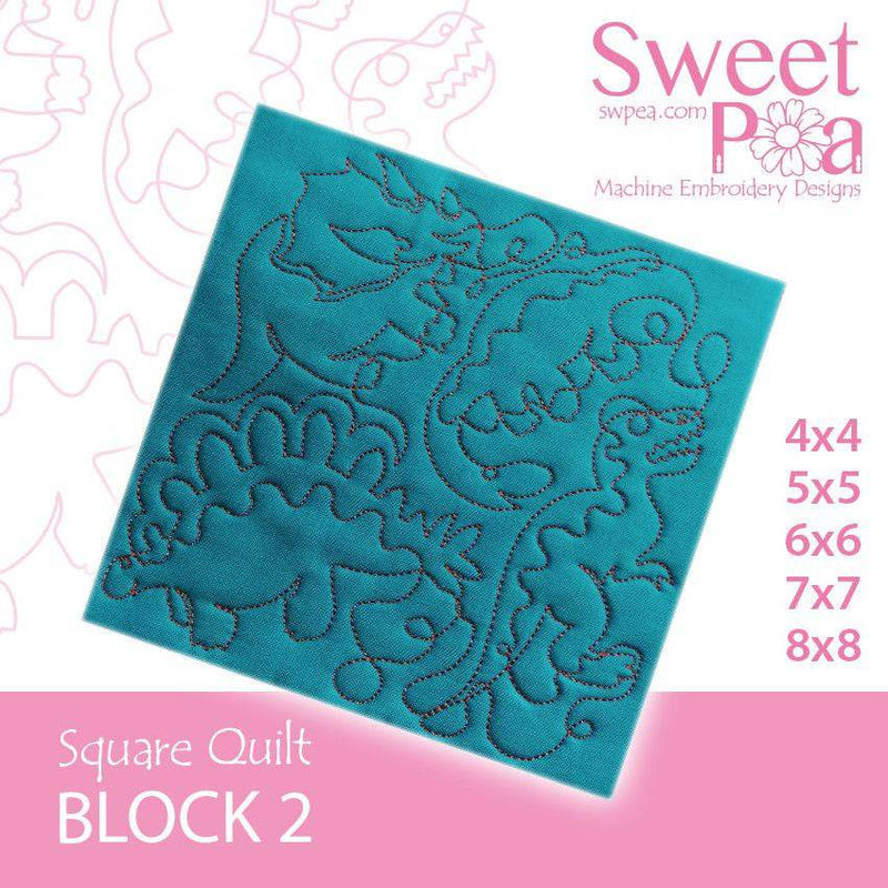 Square Quilt Block 2 Dinosaur 4x4 5x5 6x6 7x7 8x8 - Sweet Pea