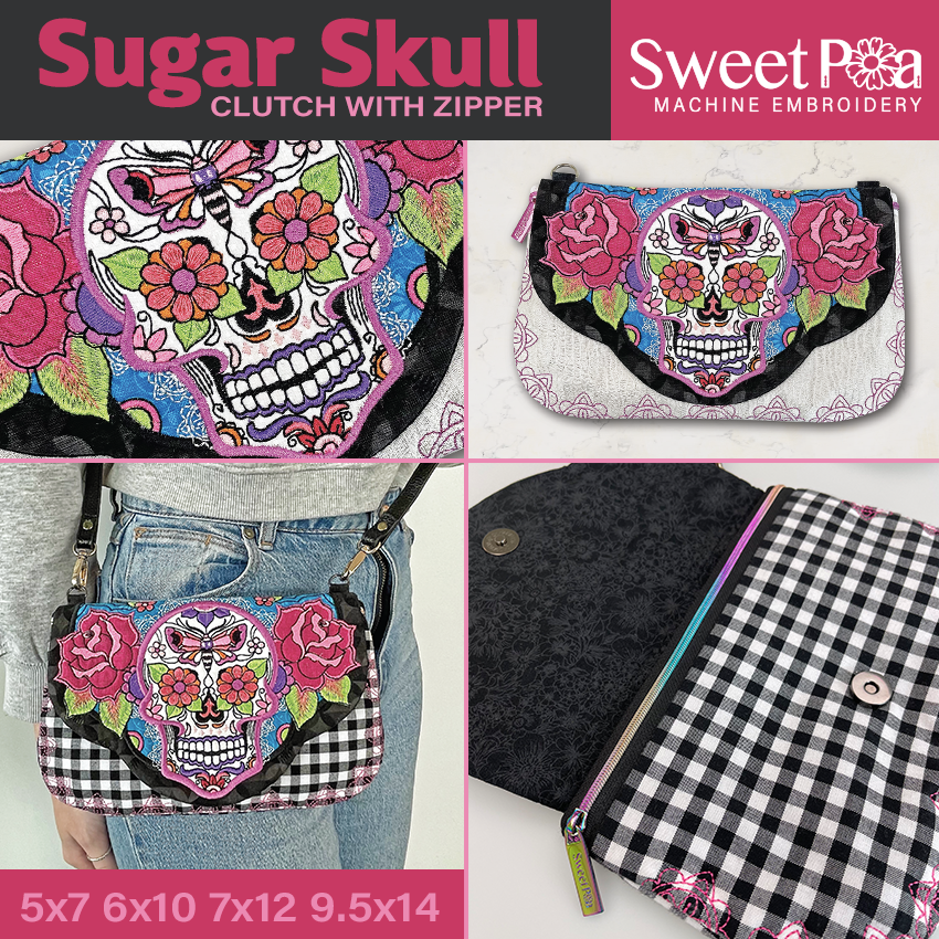 Sugar Skull Clutch with Zipper 5x7 6x10 7x12 9.5x14 - Sweet Pea Australia In the hoop machine embroidery designs. in the hoop project, in the hoop embroidery designs, craft in the hoop project, diy in the hoop project, diy craft in the hoop project, in the hoop embroidery patterns, design in the hoop patterns, embroidery designs for in the hoop embroidery projects, best in the hoop machine embroidery designs perfect for all hoops and embroidery machines