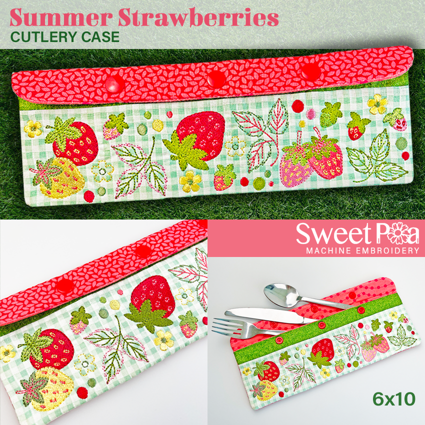 Summer Strawberries Cutlery Case 6x10 - Sweet Pea Australia In the hoop machine embroidery designs. in the hoop project, in the hoop embroidery designs, craft in the hoop project, diy in the hoop project, diy craft in the hoop project, in the hoop embroidery patterns, design in the hoop patterns, embroidery designs for in the hoop embroidery projects, best in the hoop machine embroidery designs perfect for all hoops and embroidery machines