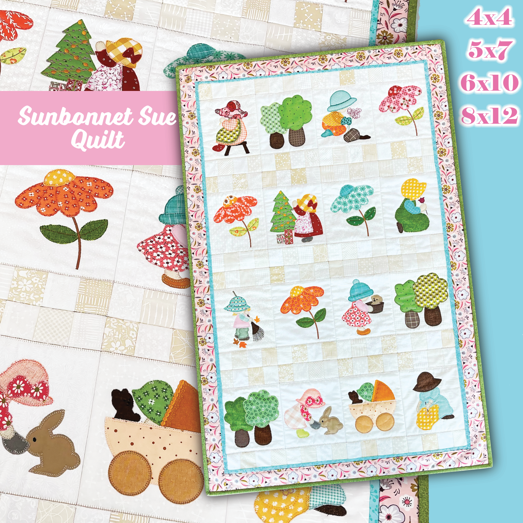 Sunbonnet Sue Quilt 4x4 5x7 6x10 8x12 In the hoop machine embroidery designs